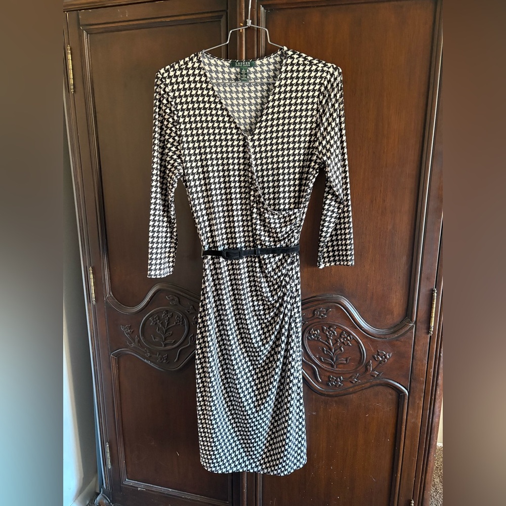 Lauren Ralph Lauren Black & White Houndstooth Wrap Dress size Large